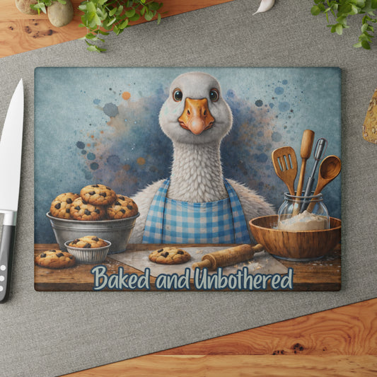 Baked and Unbothered Glass Cutting Board – Whimsical Goose Kitchen Decor