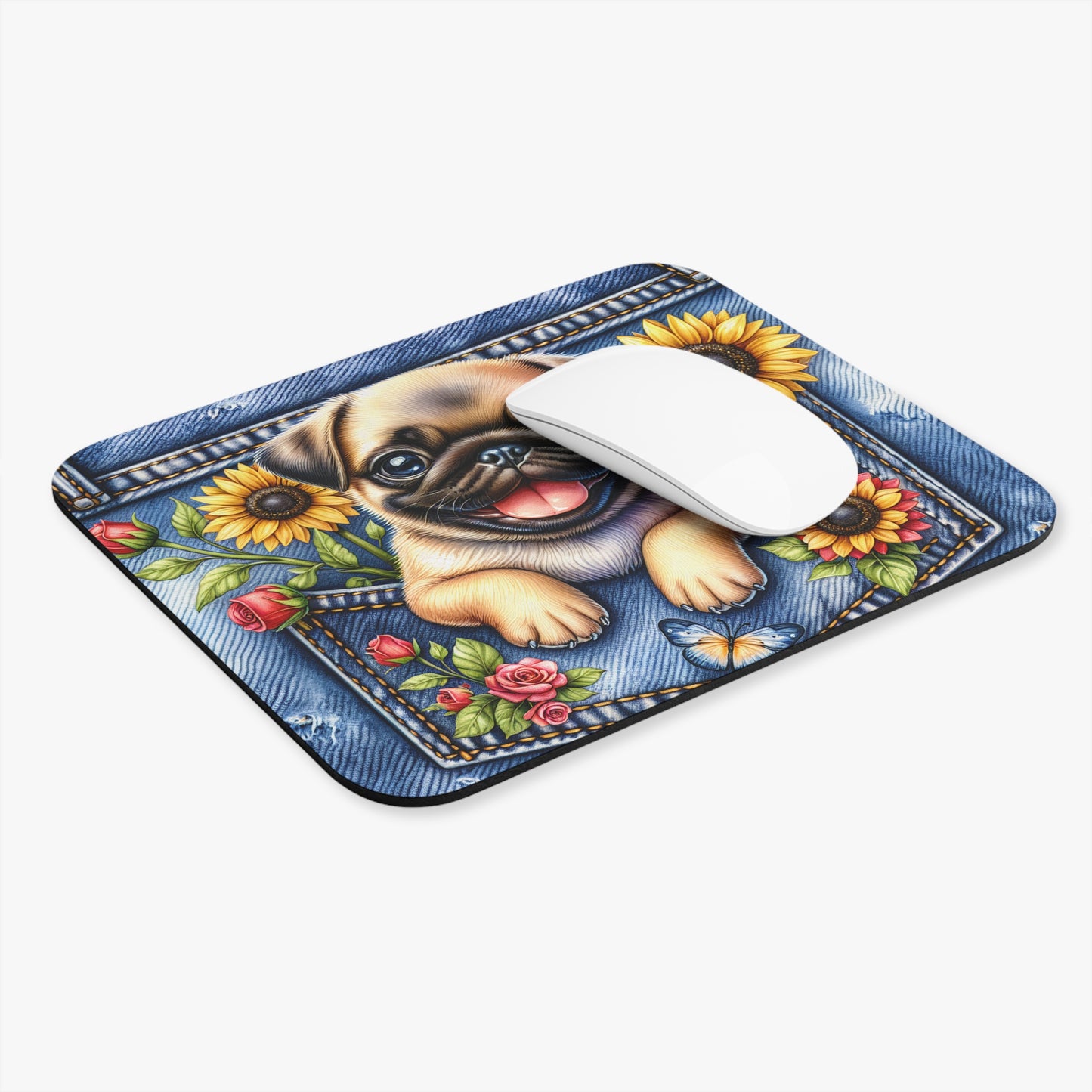 🖱️🐶🌼 Pug Mouse Pad – Denim Pocket Pug with Sunflowers & Roses