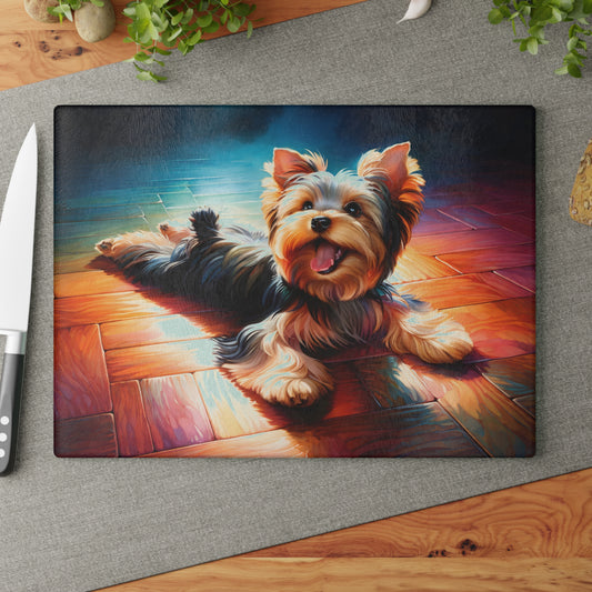 Yorkshire Terrier Glass Cutting Board – Colorful Yorkie Art Kitchen Decor, Personalized Pet Keepsake