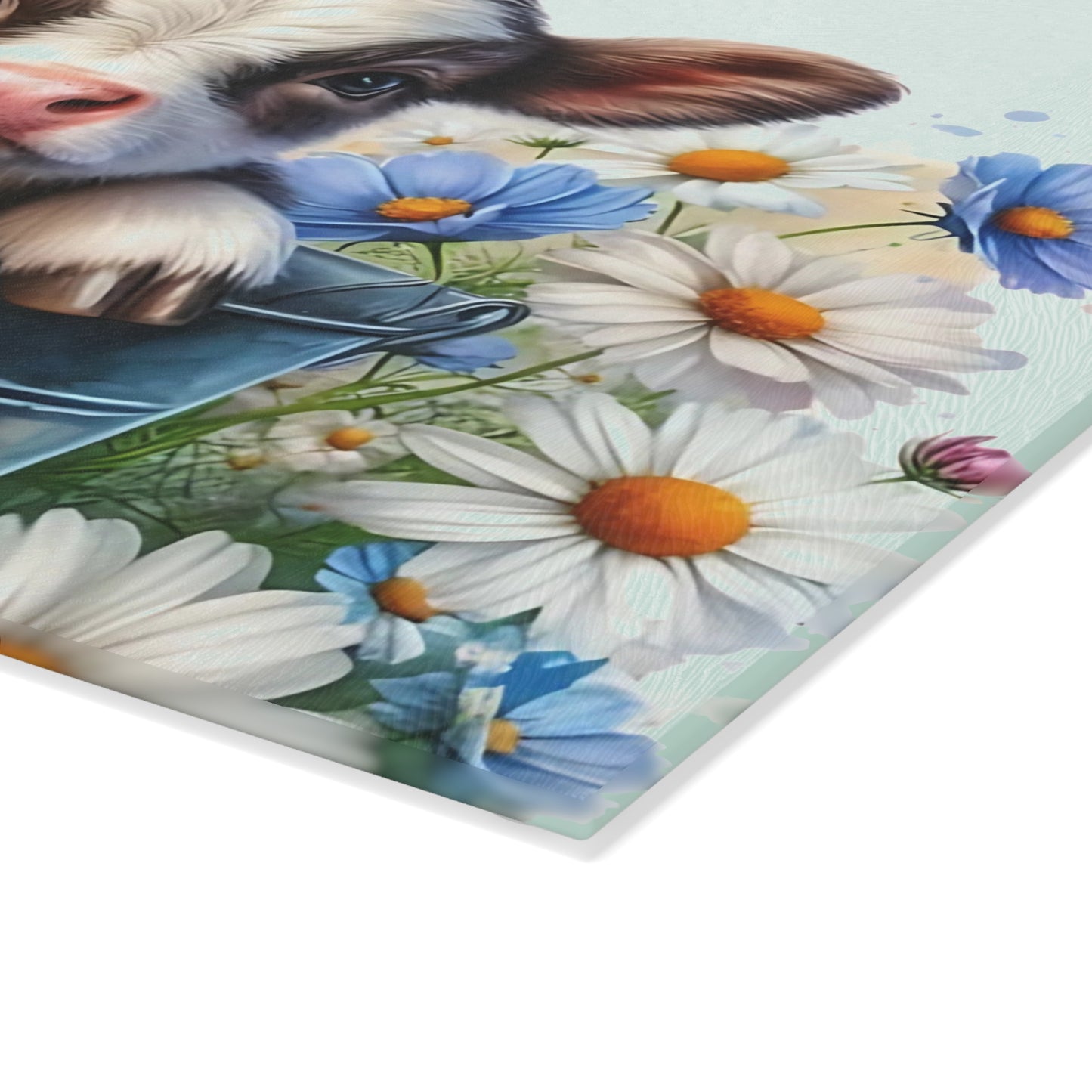 🐮 Baby Cow in Bucket with Blue Daisies Cutting Board – Farmhouse Charm for Your Kitchen 🌼