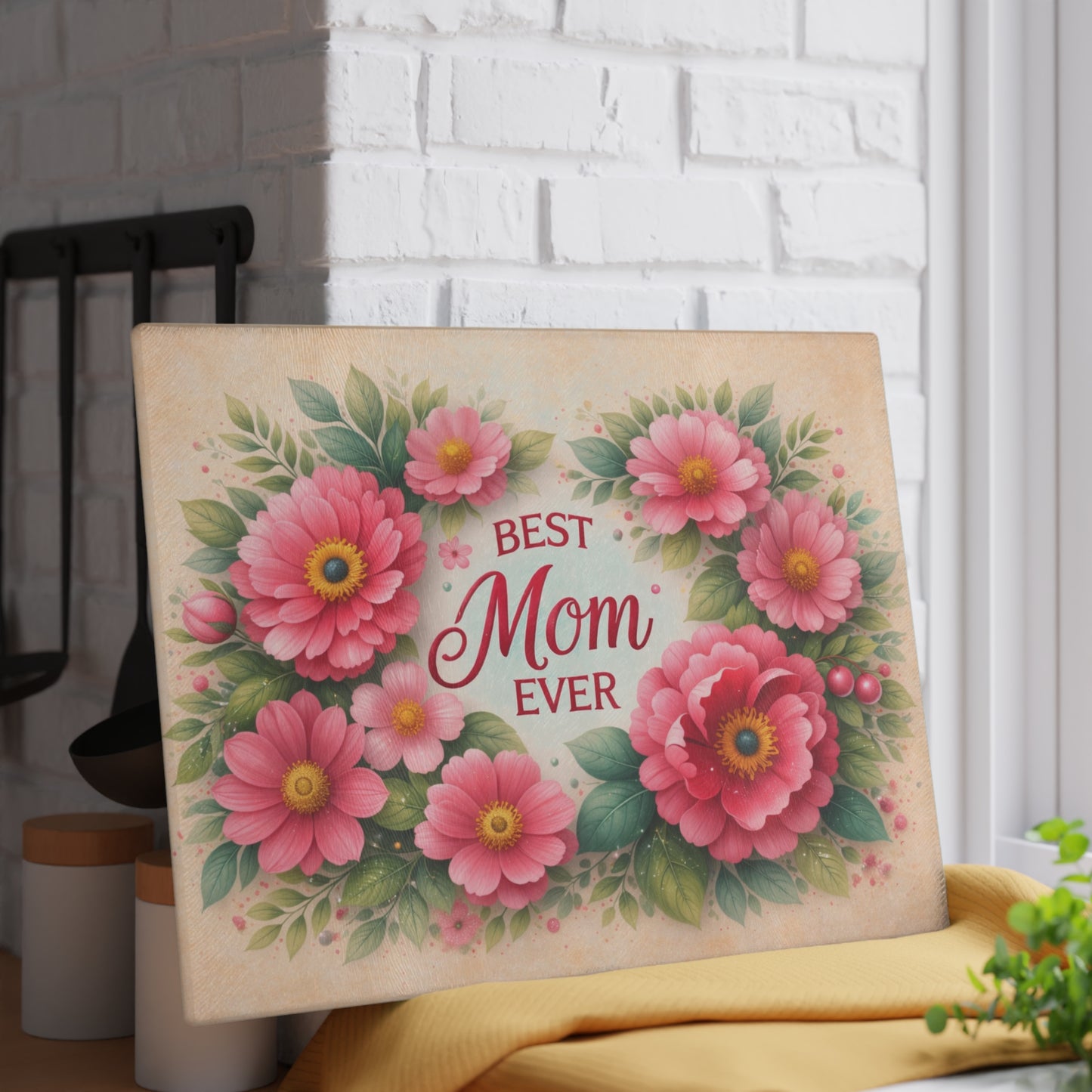 Best Mom Ever Floral Glass Cutting Board – Elegant Kitchen Gift for Her