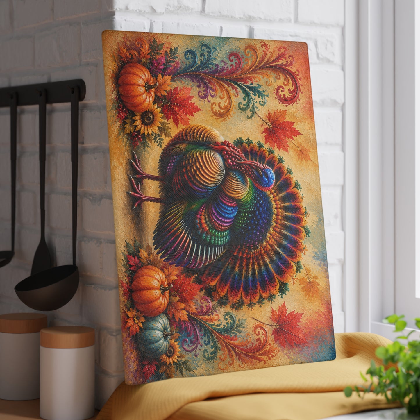 Colorful Thanksgiving Turkey Glass Cutting Board – Vibrant Autumn Pumpkin & Sunflower Kitchen Decor