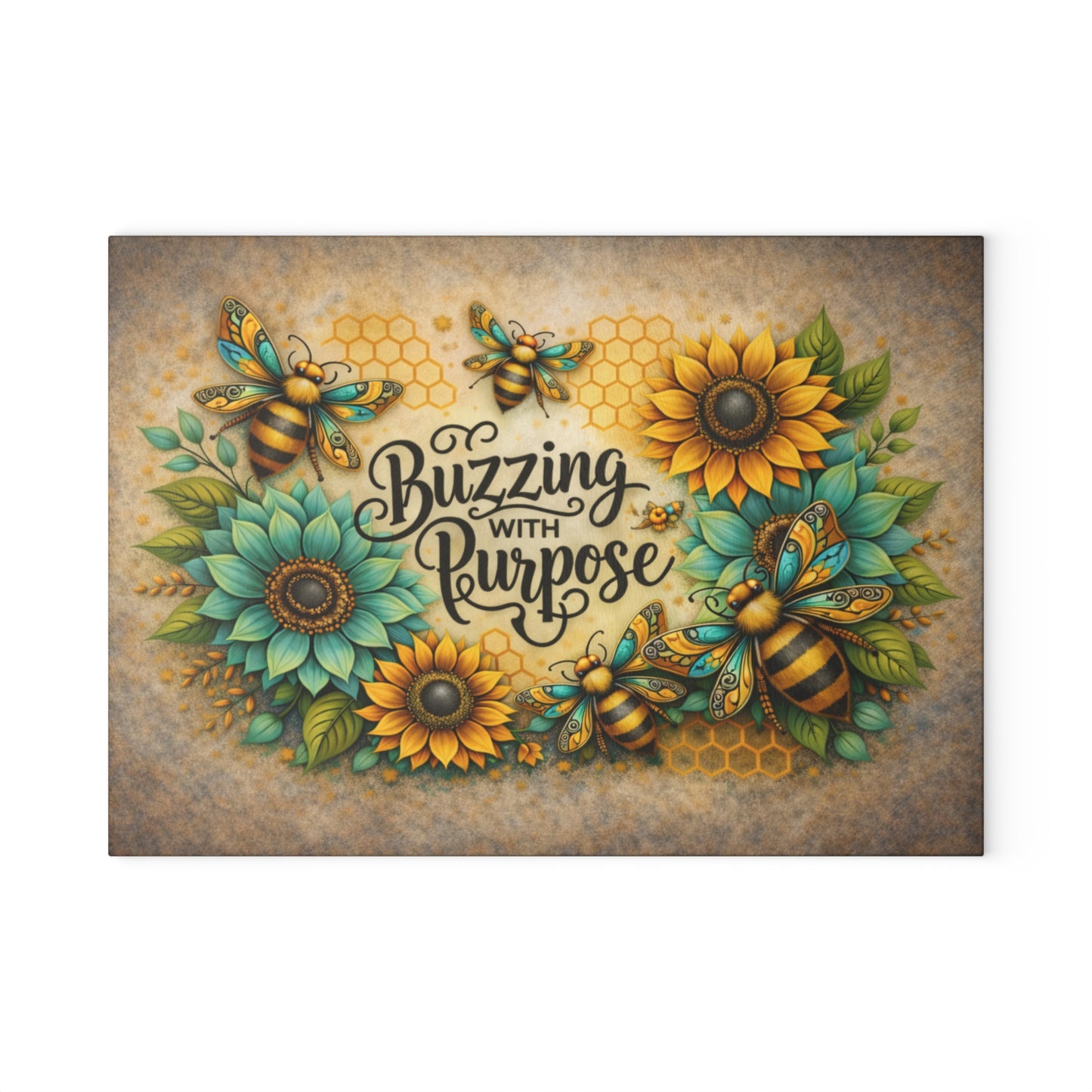 Buzzing with Purpose Glass Cutting Board – Rustic Farmhouse Kitchen Decor