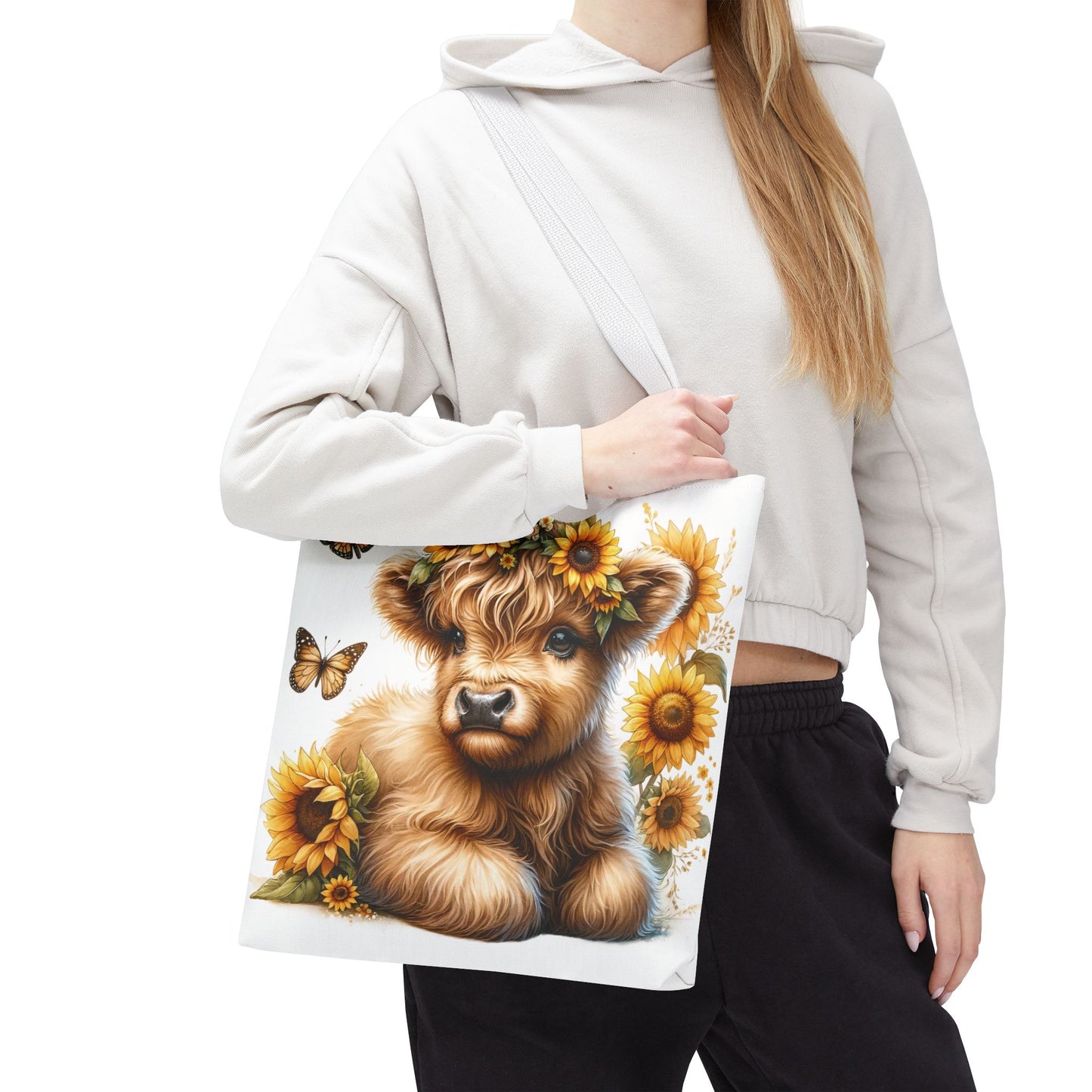 🌻 Sunflower Crown Highland Calf Tote Bag – Country Charm & Butterfly Bliss 🐮👜