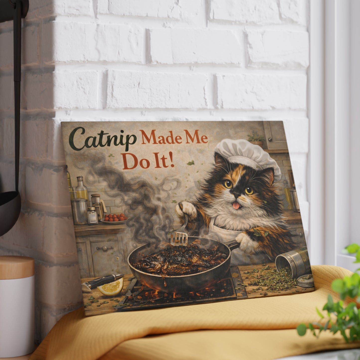 Catnip Made Me Do It Glass Cutting Board – Funny Cat Kitchen Art