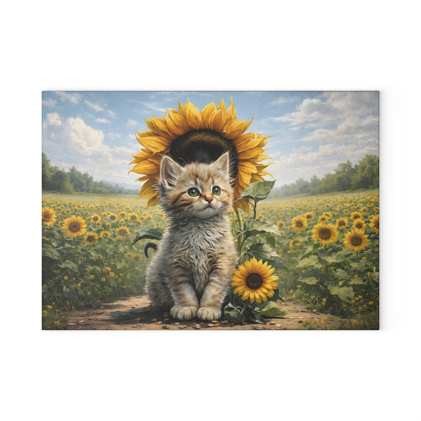 Sunflower Kitten Glass Cutting Board – Whimsical Floral Cat Art Kitchen Decor