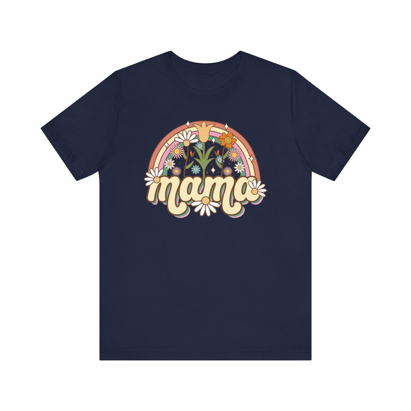 🌼🌈 Retro Floral Mama T-Shirt – Boho Rainbow Graphic Tee for Moms 🌻✨