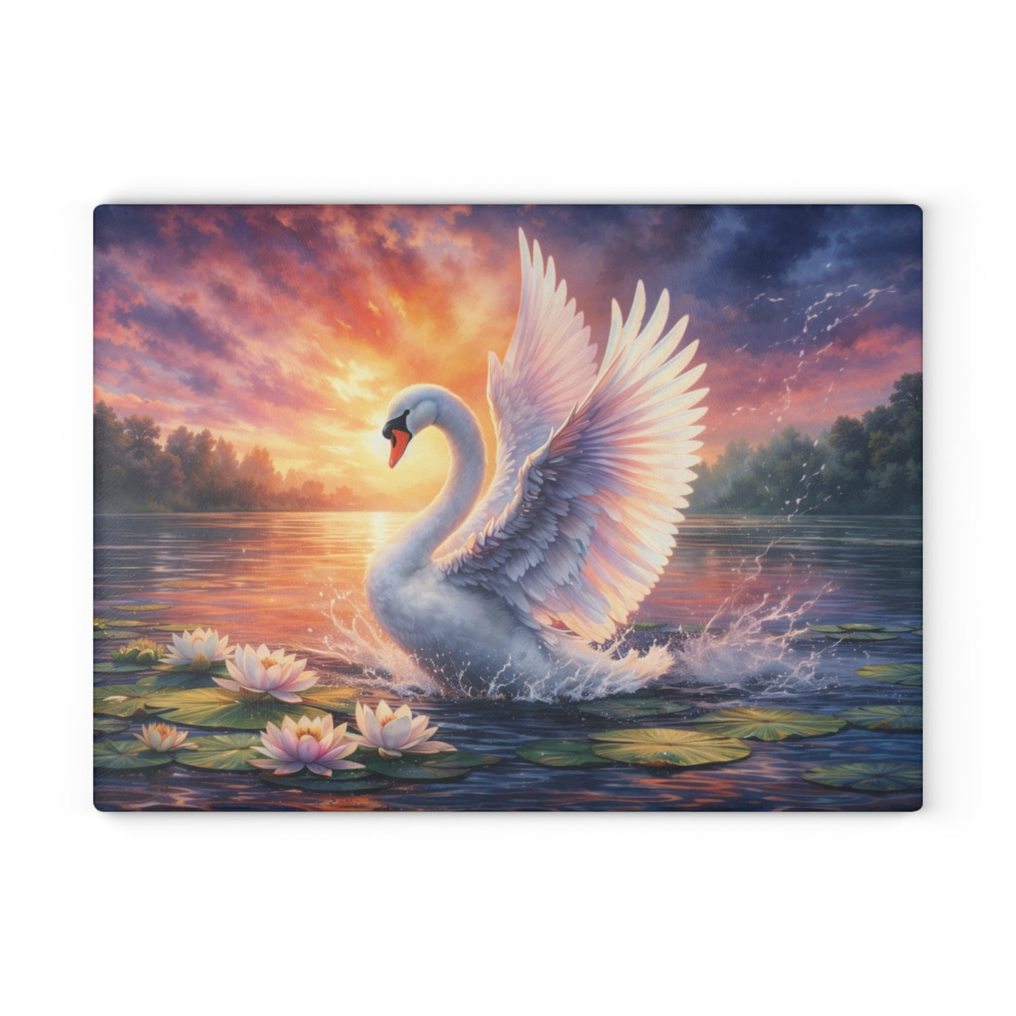 Graceful Swan Sunset Glass Cutting Board – Elegant Lake Nature Kitchen Art