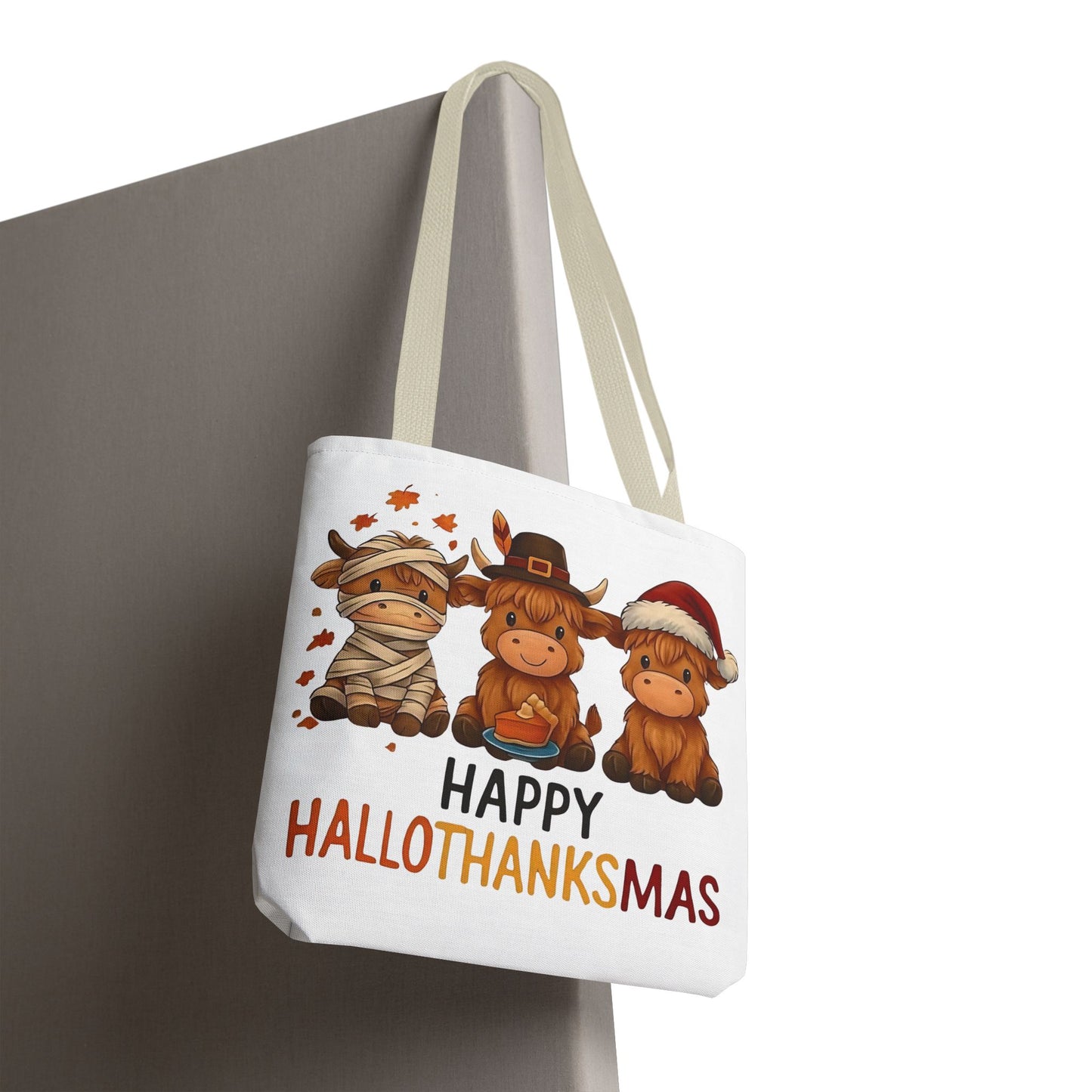 🐮 Happy Hallothanksmas Highland Cow Tote Bag – Holiday Fun All Season 🎃🦃🎄👜