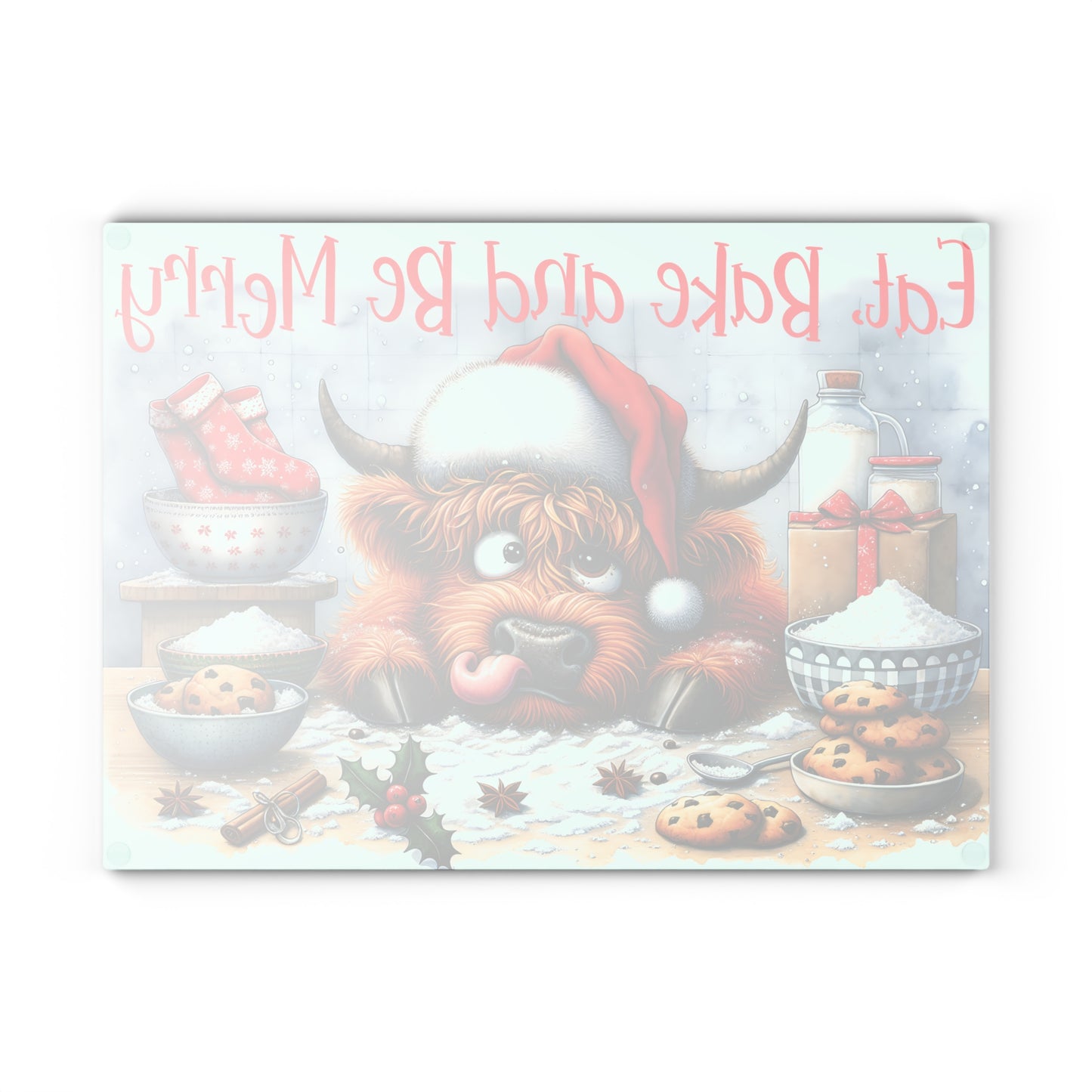 Eat, Bake and Be Merry Highland Cow Cutting Board – Festive Christmas Kitchen Cheer