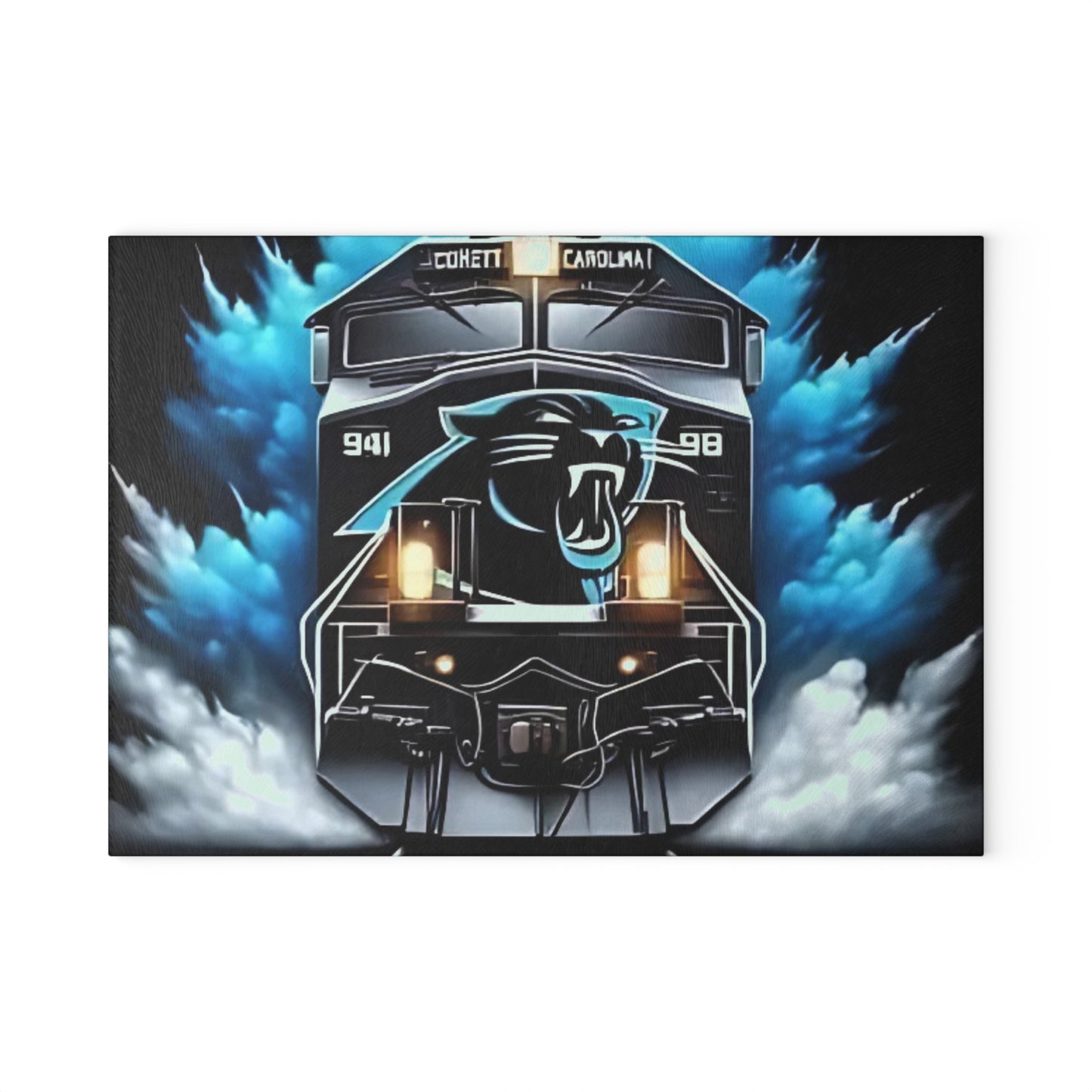 Panther Blue & Black Express Glass Cutting Board – Sleek Train Art for Bold Modern Kitchens