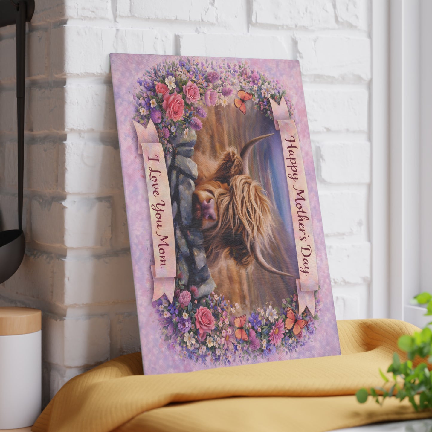 Mother’s Day Highland Cow Floral Glass Cutting Board – Soft Country Artwork with Butterflies