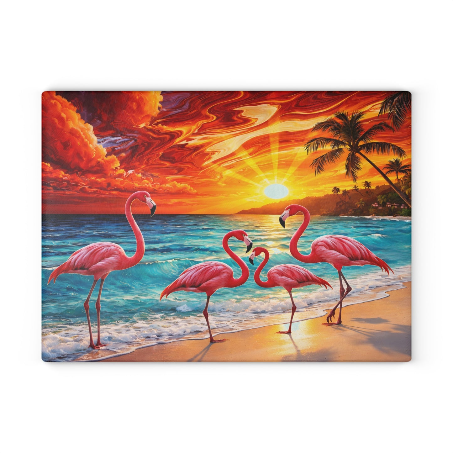 Vibrant Flamingo Sunset Glass Cutting Board – Tropical Coastal Kitchen Decor