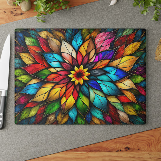 Stained-Glass-Inspired Colorful Floral Cutting Board – Rainbow Petal Design, Vibrant Botanical Mosaic & Artistic Kitchen Décor