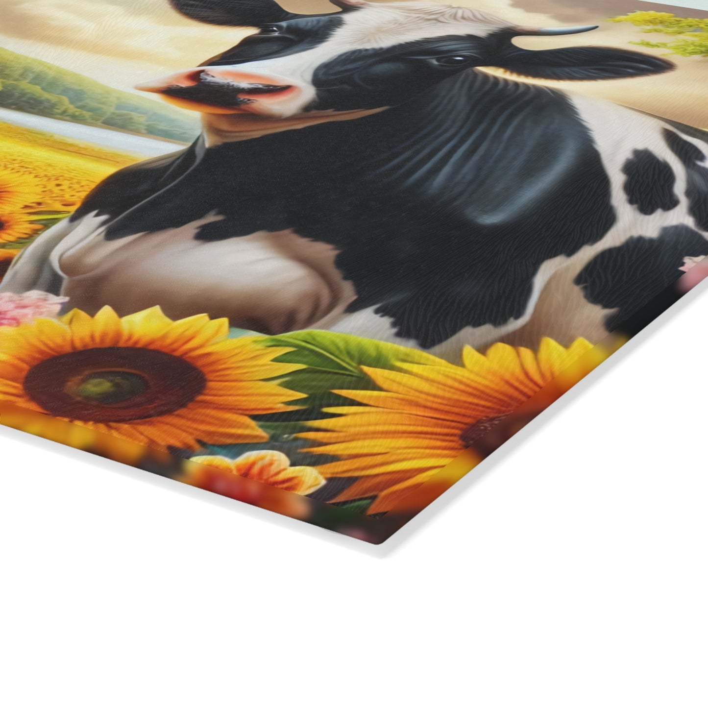 🐄🌻 Black & White Cow in Sunflower Field Glass Cutting Board – Peaceful Barn, Lake & Nature Scene 🌳