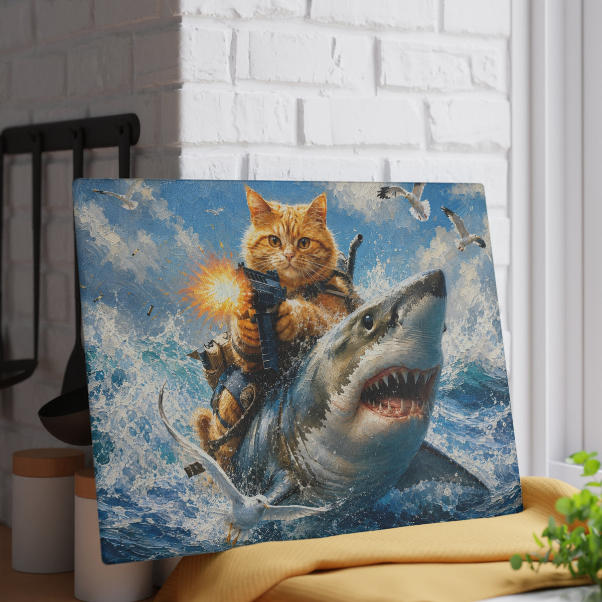 Fearless Cat & Shark Adventure Tempered Glass Cutting Board