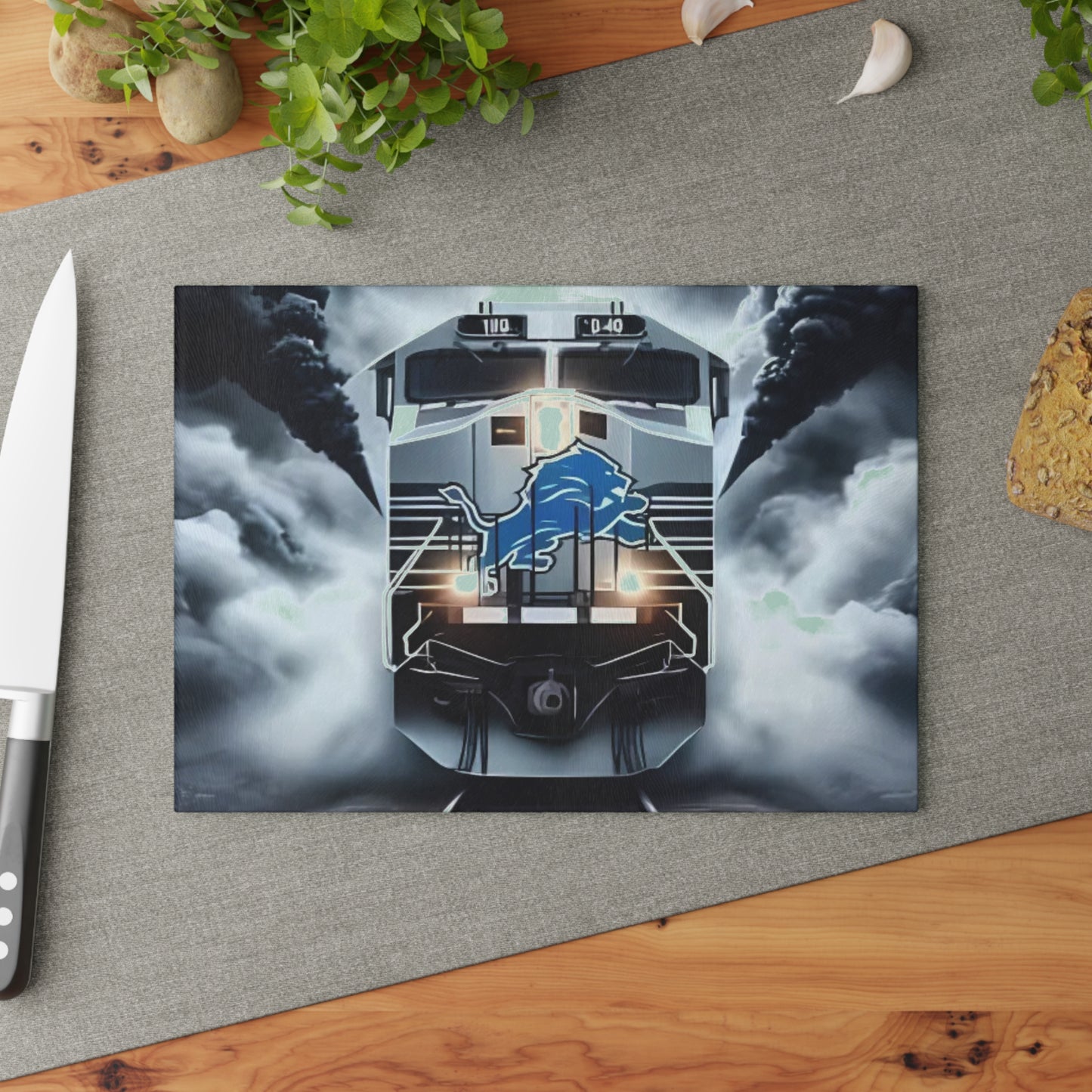 Light Blue & Silver Express Glass Cutting Board – Sleek Train Design for Cool, Modern Kitchens