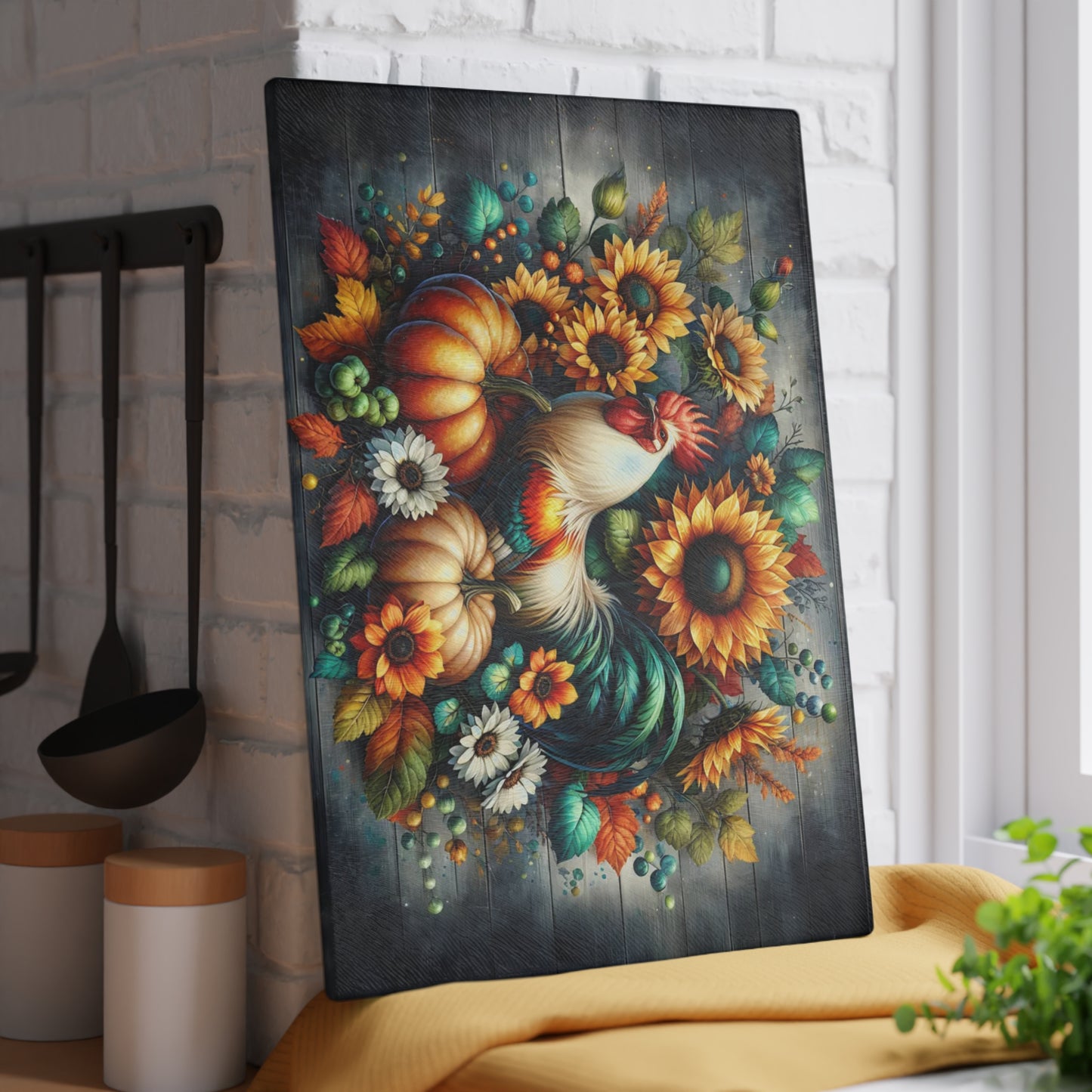 🐓🌻 “Harvest Rooster & Sunflowers” Glass Cutting Board – Cozy Autumn Charm for Your Kitchen