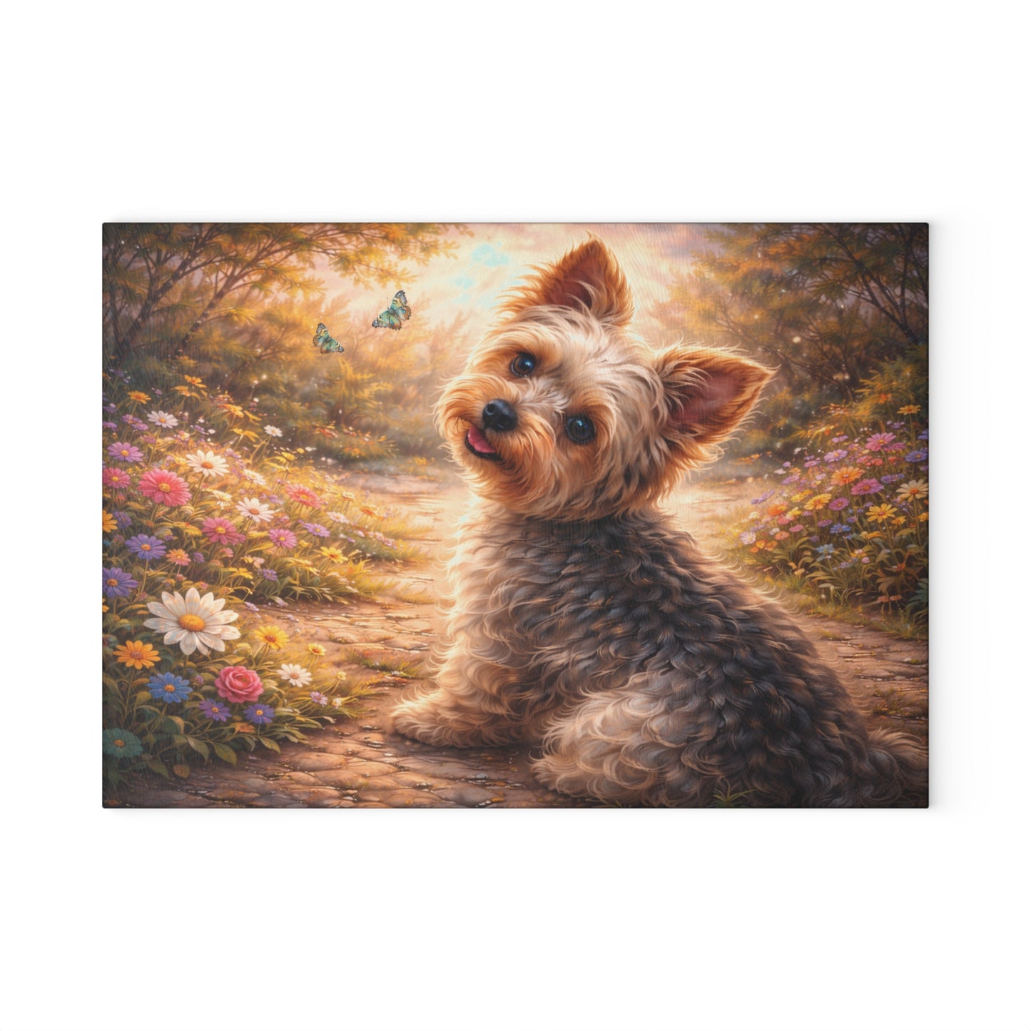Whimsical Yorkshire Terrier Garden Glass Cutting Board – Personalized Dog Lover Floral Artwork