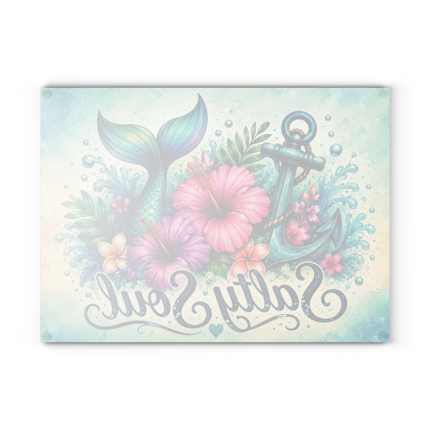 Salty Soul Mermaid Tail Glass Cutting Board – Coastal Beach Kitchen Decor with Anchor & Tropical Flowers