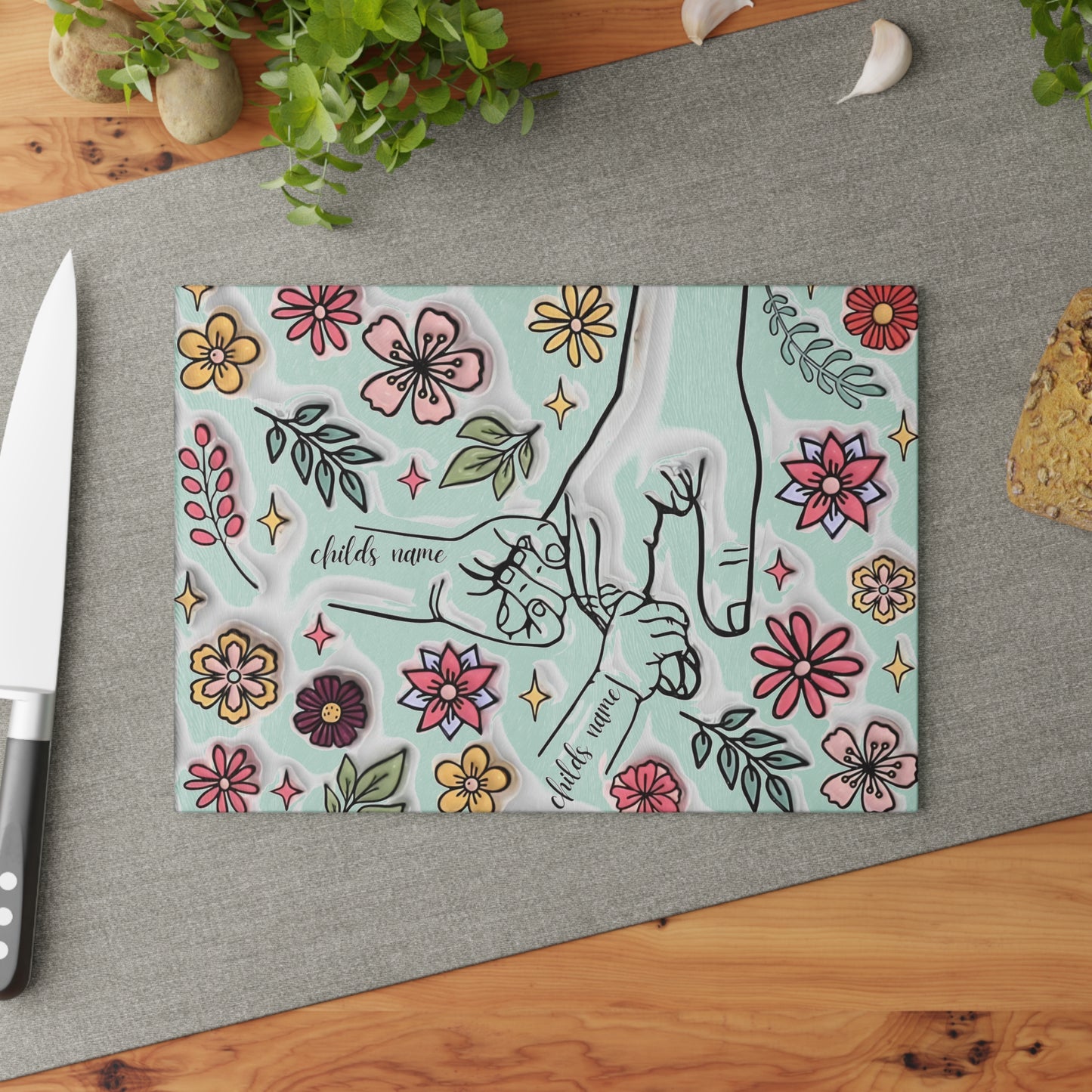 Tabla de cortar de vidrio templado personalizada con las manos de la madre | Arte floral 3D | Nombres personalizados para niños | Regalo para el Día de la Madre