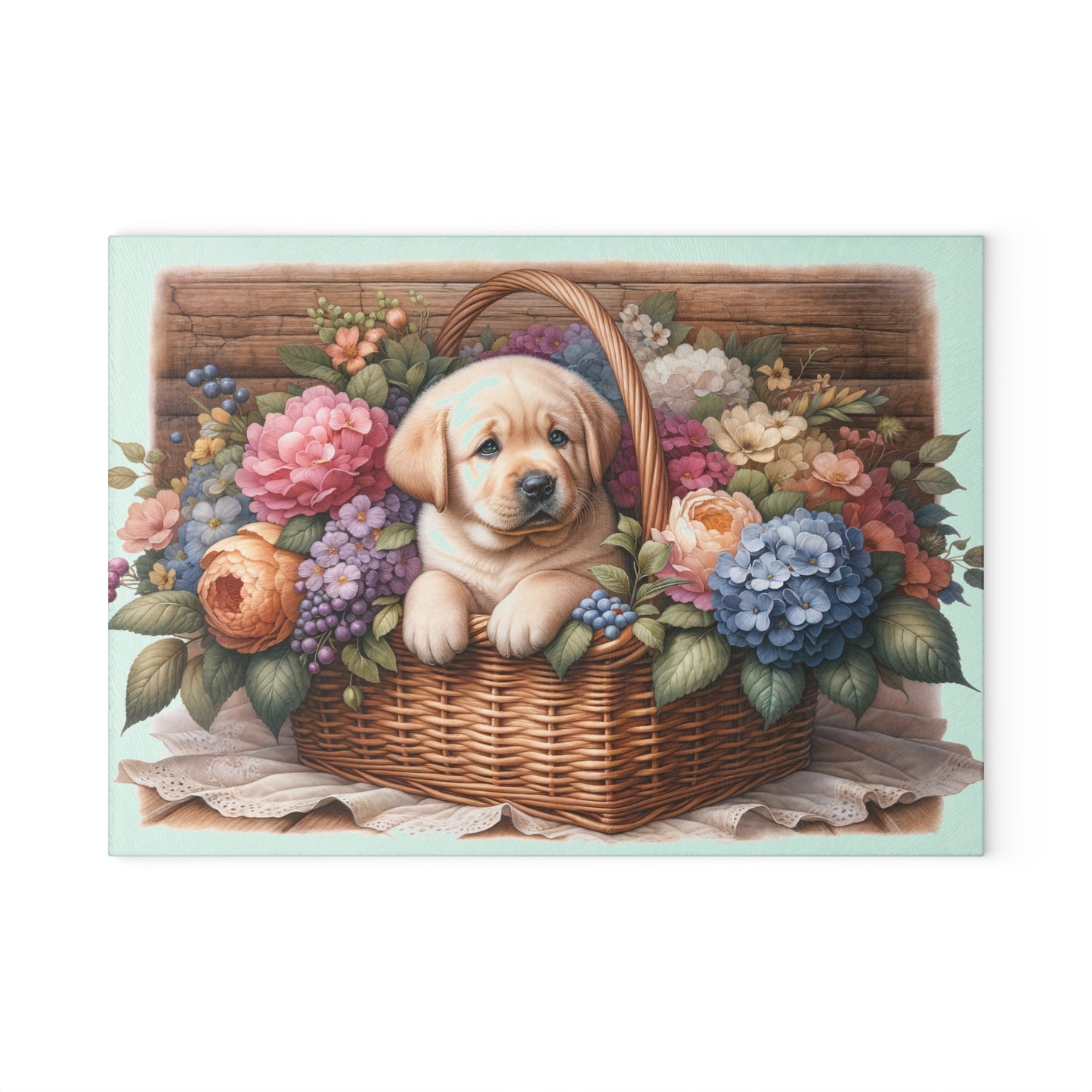 🐾🌸 Light Wood Basket Labrador Puppy Cutting Board – Classic Elegance with Floral Charm 🌼