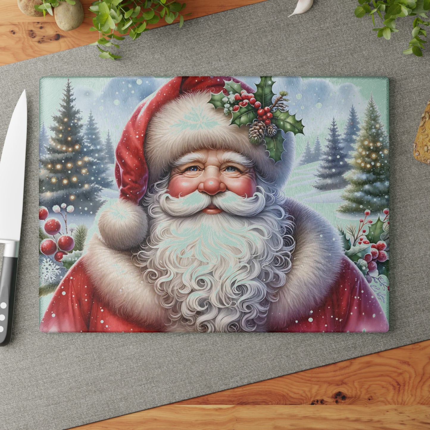 🎅✨ “Jolly Santa in the Pines” Glass Cutting Board – Cozy Charm for Your Kitchen