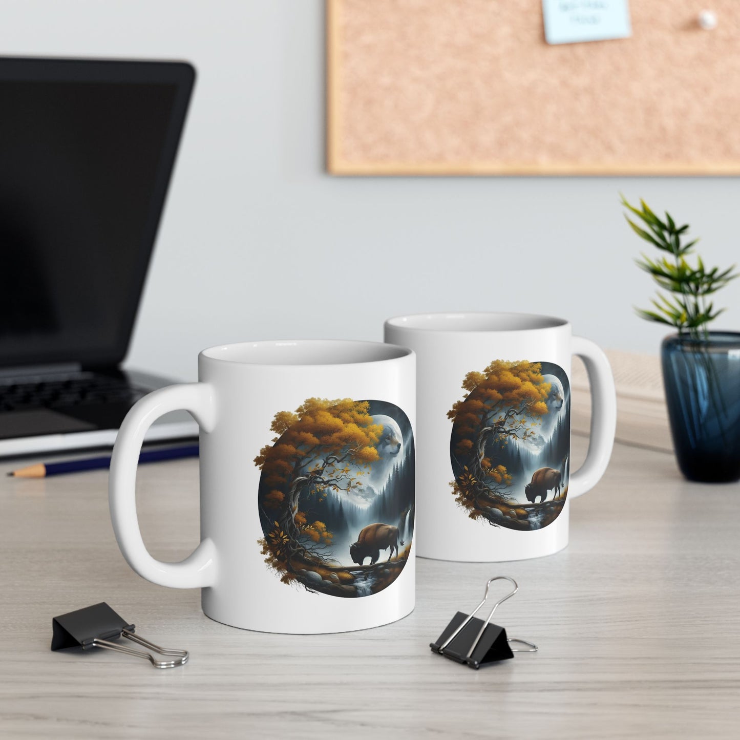 🌙🐂 Wolf & Buffalo Spirit Mug – Autumn Nature Coffee Cup ☕🌲