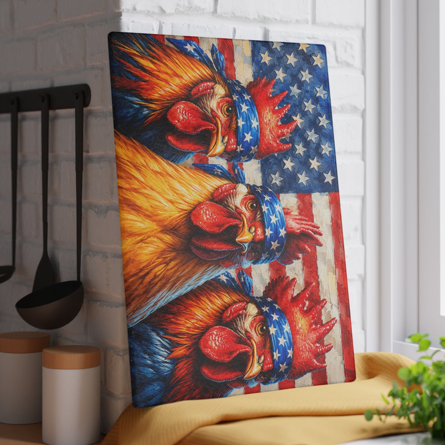 Patriotic Rooster Bandana Glass Cutting Board – Bold Farmhouse Americana Kitchen Décor