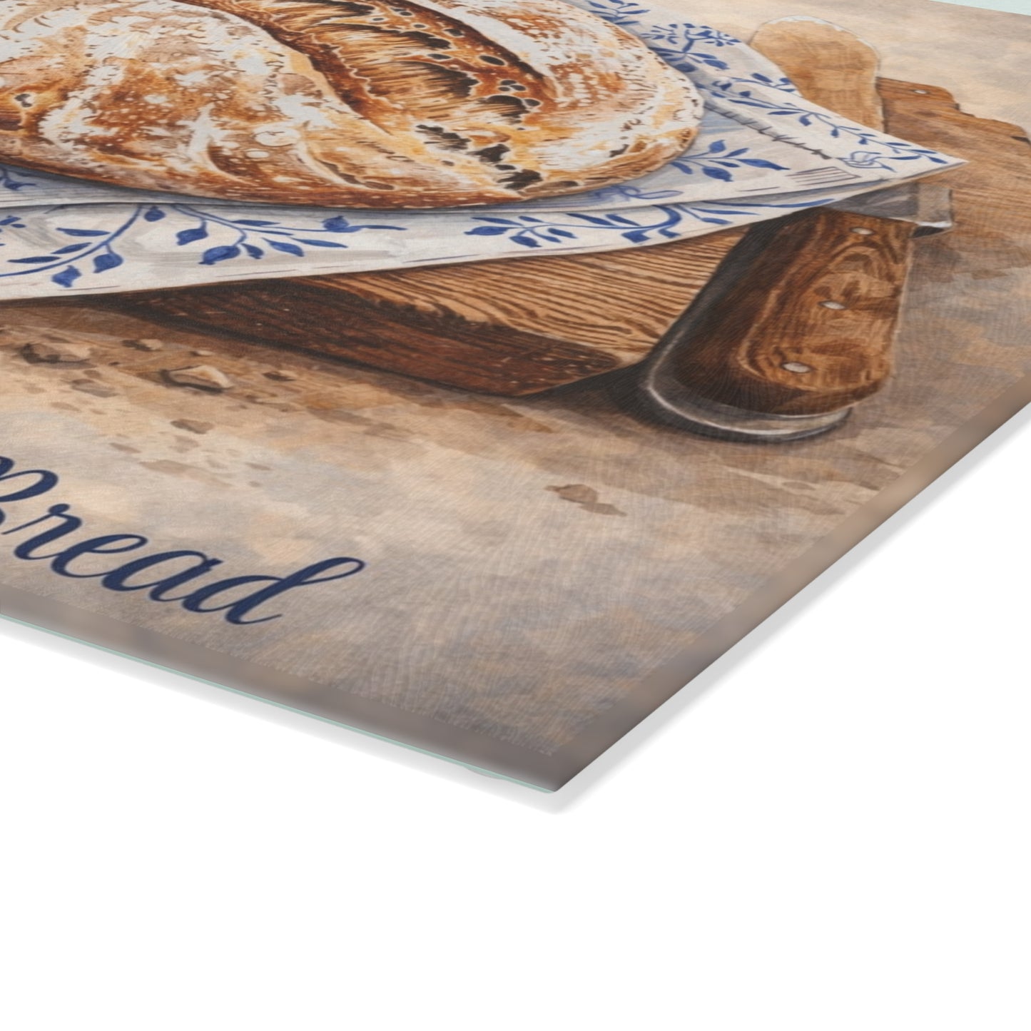 Give Us This Day Glass Cutting Board – Rustic Bread Artwork with Faith-Inspired Message