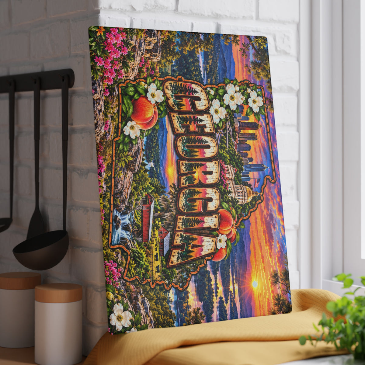 Georgia Glass Cutting Board – Georgia State Map, Atlanta Skyline, Peach Blossoms, Covered Bridge & Mountain Sunset Kitchen Décor