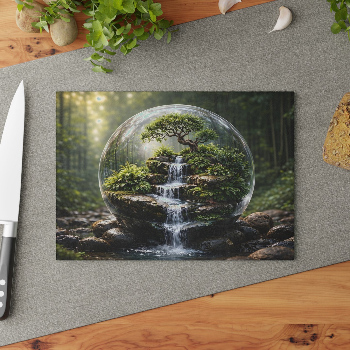 Enchanted Forest Waterfall Terrarium Glass Cutting Board – Nature-Inspired Zen Kitchen Art