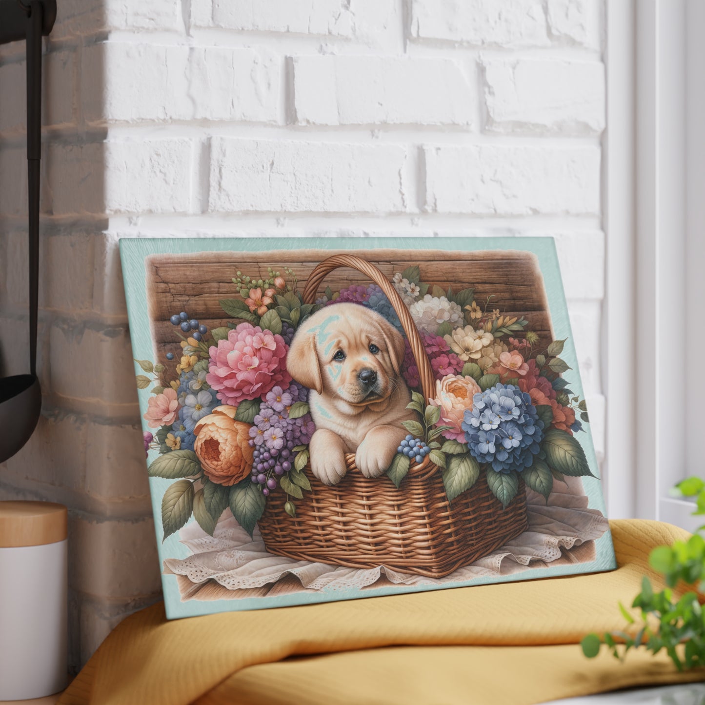 🐾🌸 Light Wood Basket Labrador Puppy Cutting Board – Classic Elegance with Floral Charm 🌼
