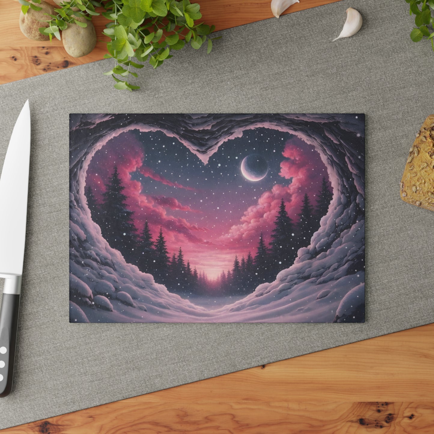 Winter Heartscape Glass Cutting Board – Dreamy Snowy Landscape Kitchen Display
