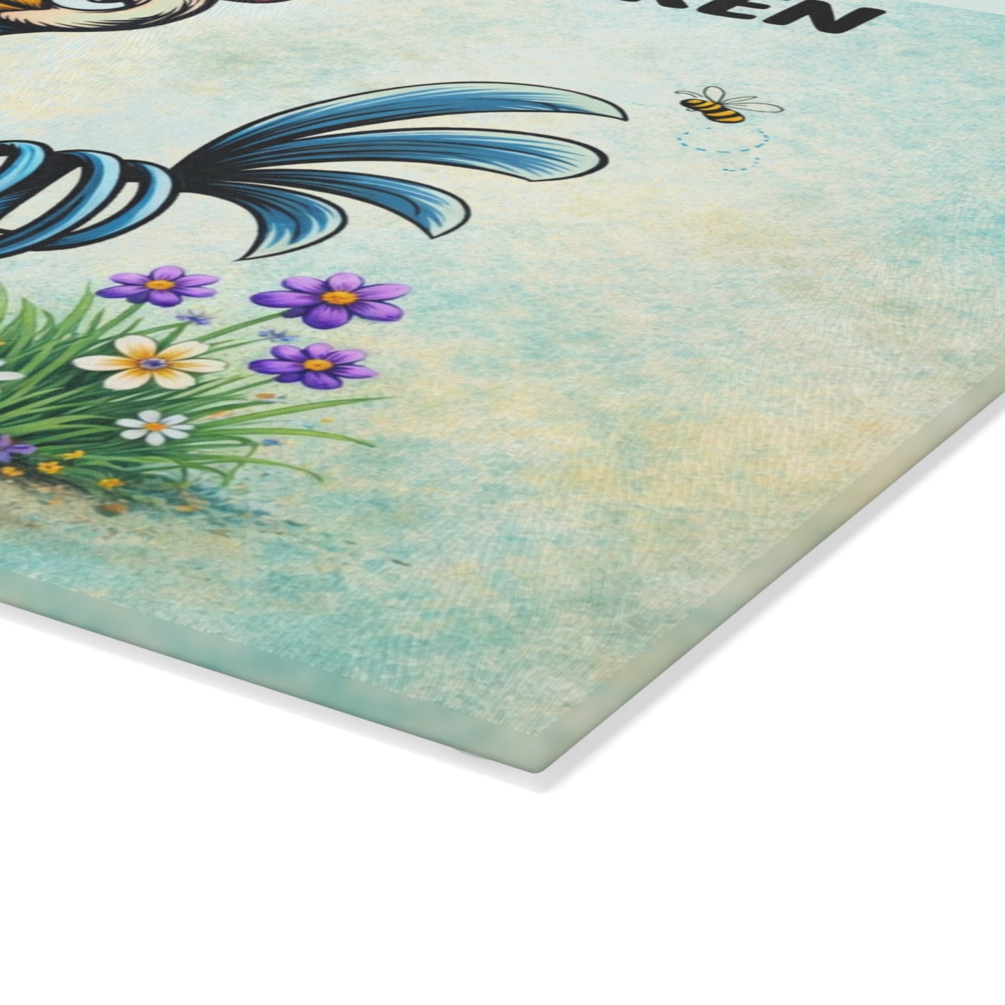 Spring Chicken Glass Cutting Board – Whimsical Chicken Artwork with Playful Spring Humor