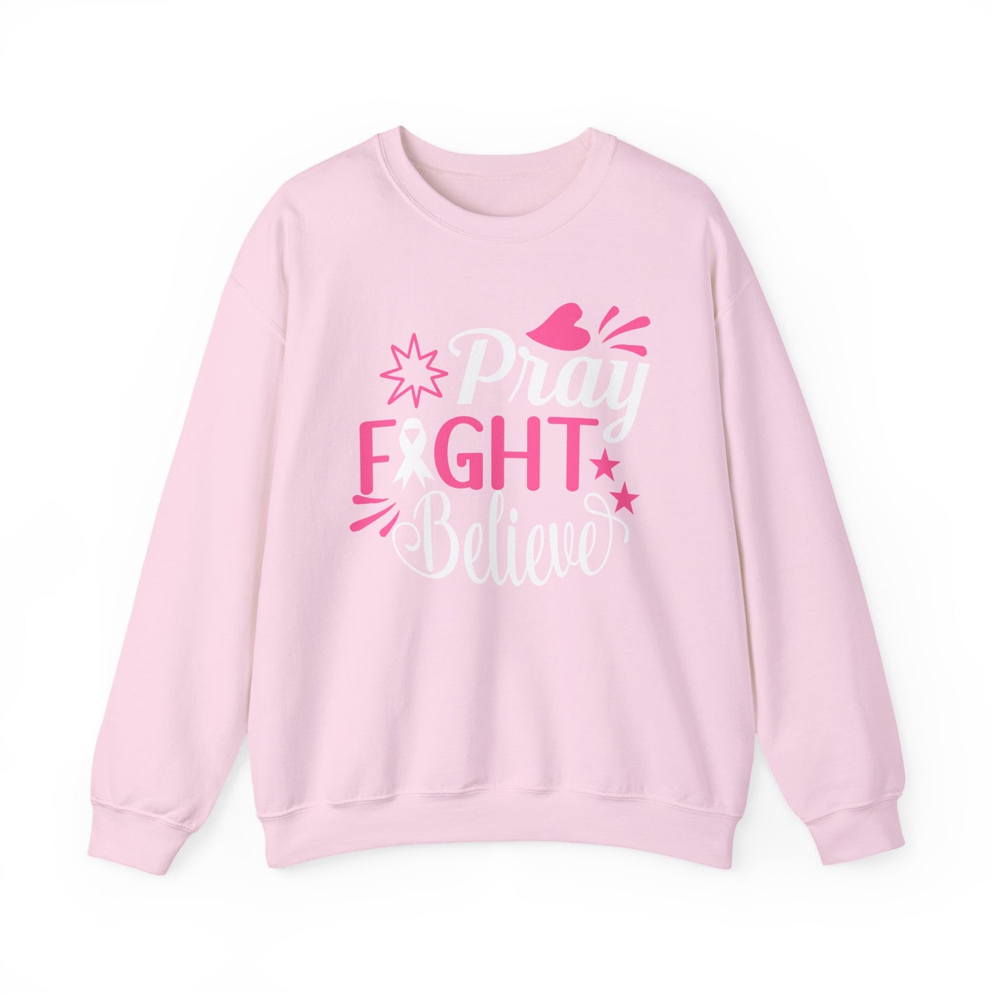 🙏🎀 Pray Fight Believe Sweatshirt – Breast Cancer Awareness & Faith Crewneck
