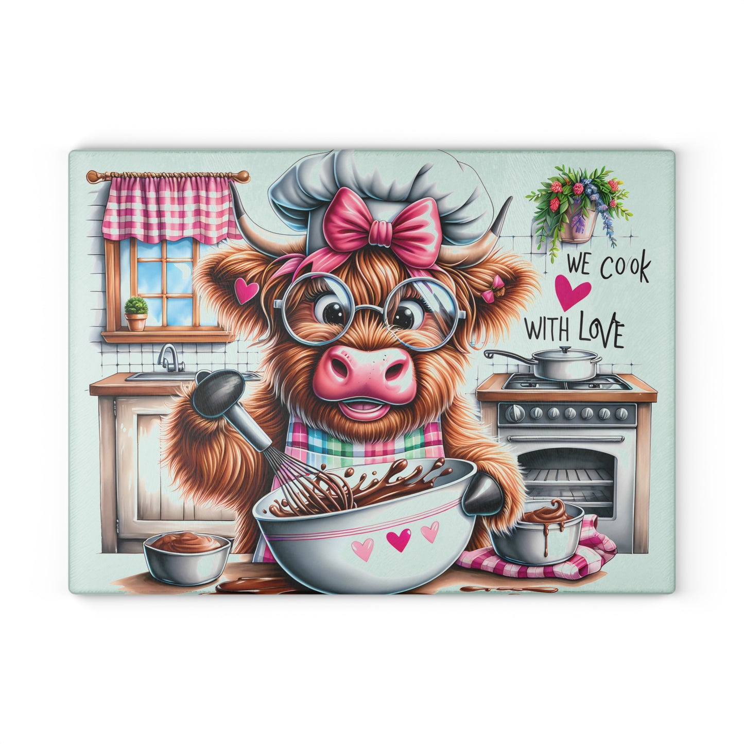 🐮 Sweet Highland Cow Baking Cutting Board – "We Cook With Love" Kitchen Whimsy