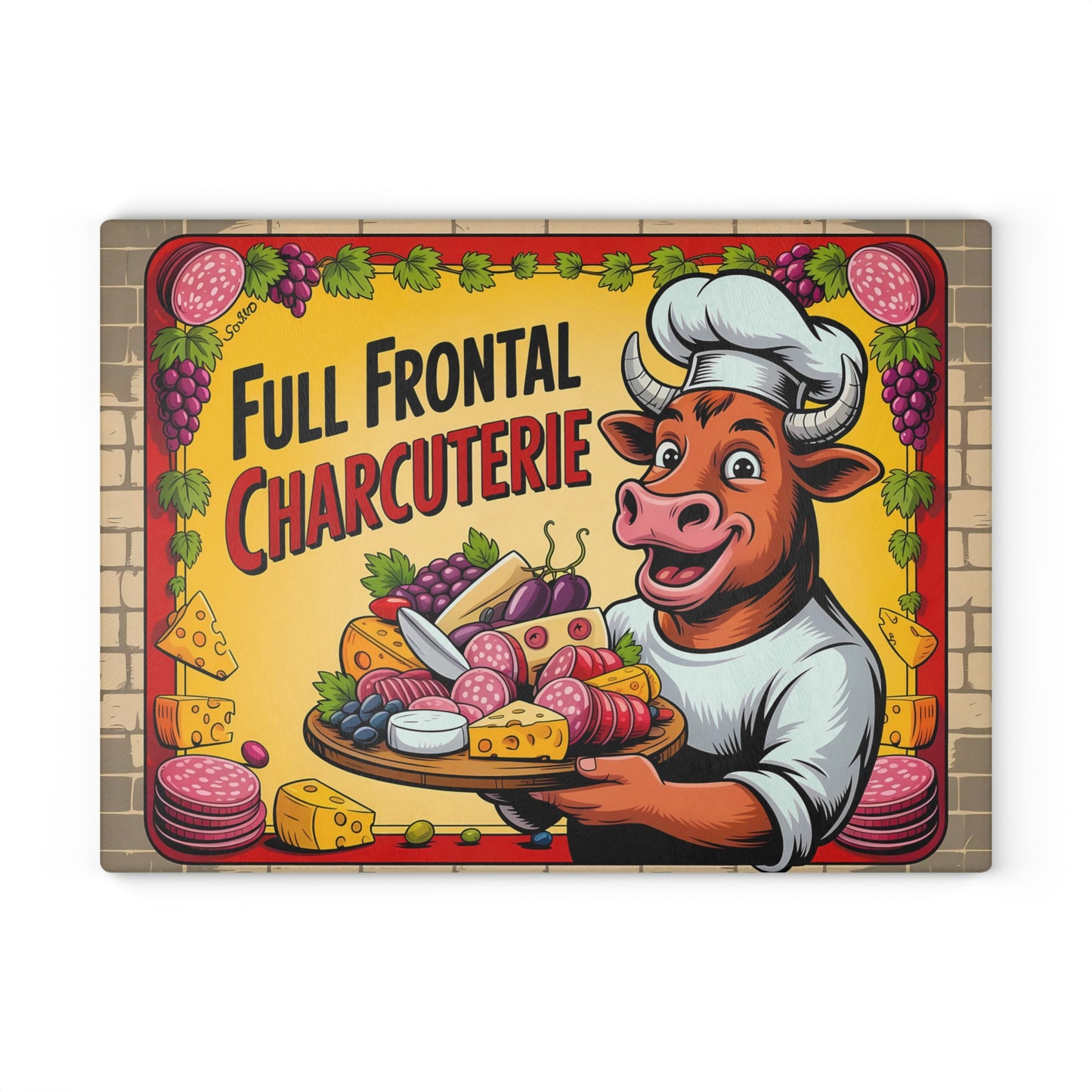 Tabla de cortar charcutería frontal completa: divertida decoración de cocina de Bull Chef para amantes de la carne y el queso