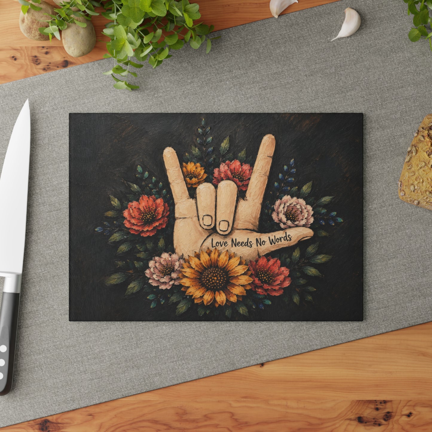Love Needs No Words Glass Cutting Board – Painted Floral ASL Hand Design