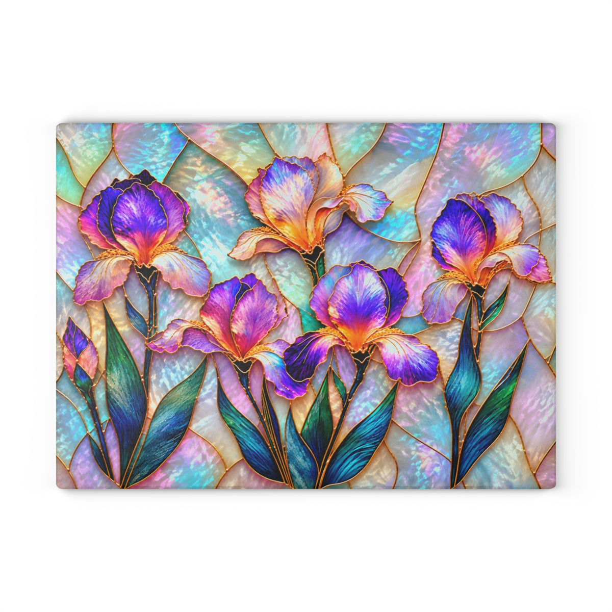 Stained-Glass-Inspired Purple Iris Cutting Board – Vibrant Violet & Lavender Flowers, Iridescent Pastel Mosaic & Elegant Botanical Kitchen Décor