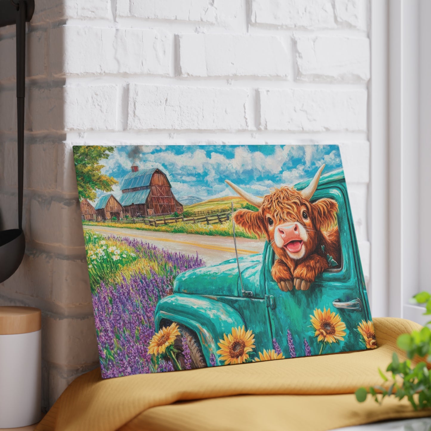 🚜🌻 Baby Highland Cow in Old Truck Glass Cutting Board – Rustic Farm Charm with Sunflowers & Barn 🌼