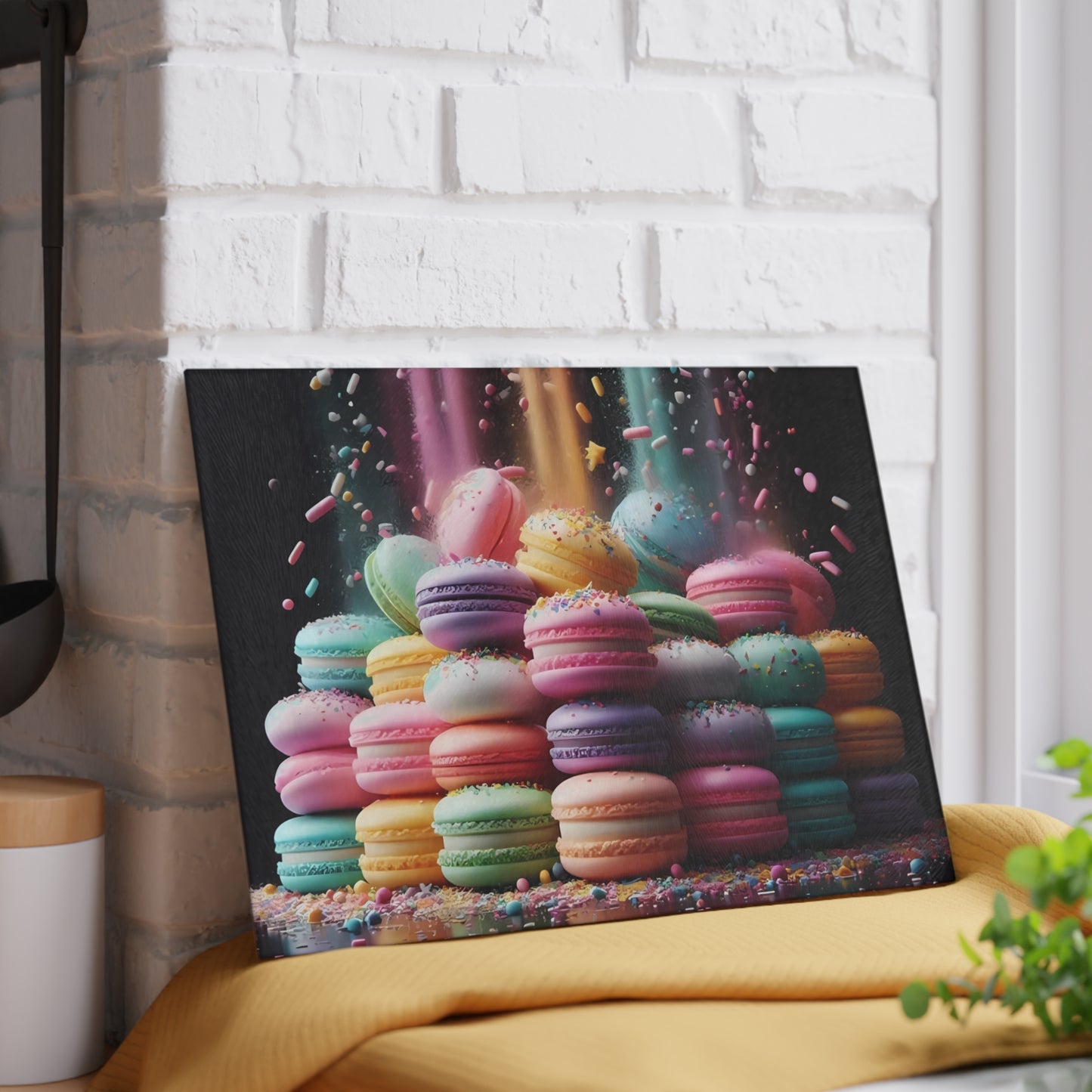 Tabla de cortar de vidrio con macarons pastel: una decoración de cocina dulce con un toque de fantasía