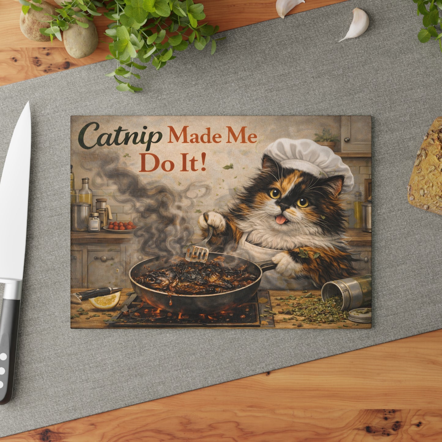 Catnip Made Me Do It Glass Cutting Board – Funny Cat Kitchen Art