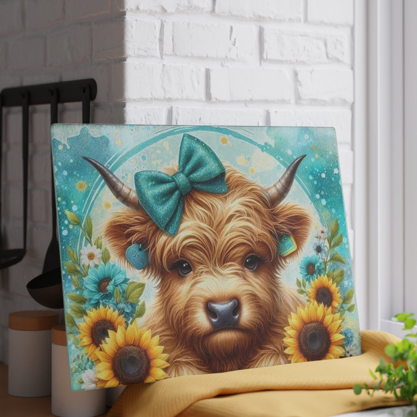 Tabla de cortar de vidrio con diseño de vaca de las Tierras Altas, lazo y girasoles