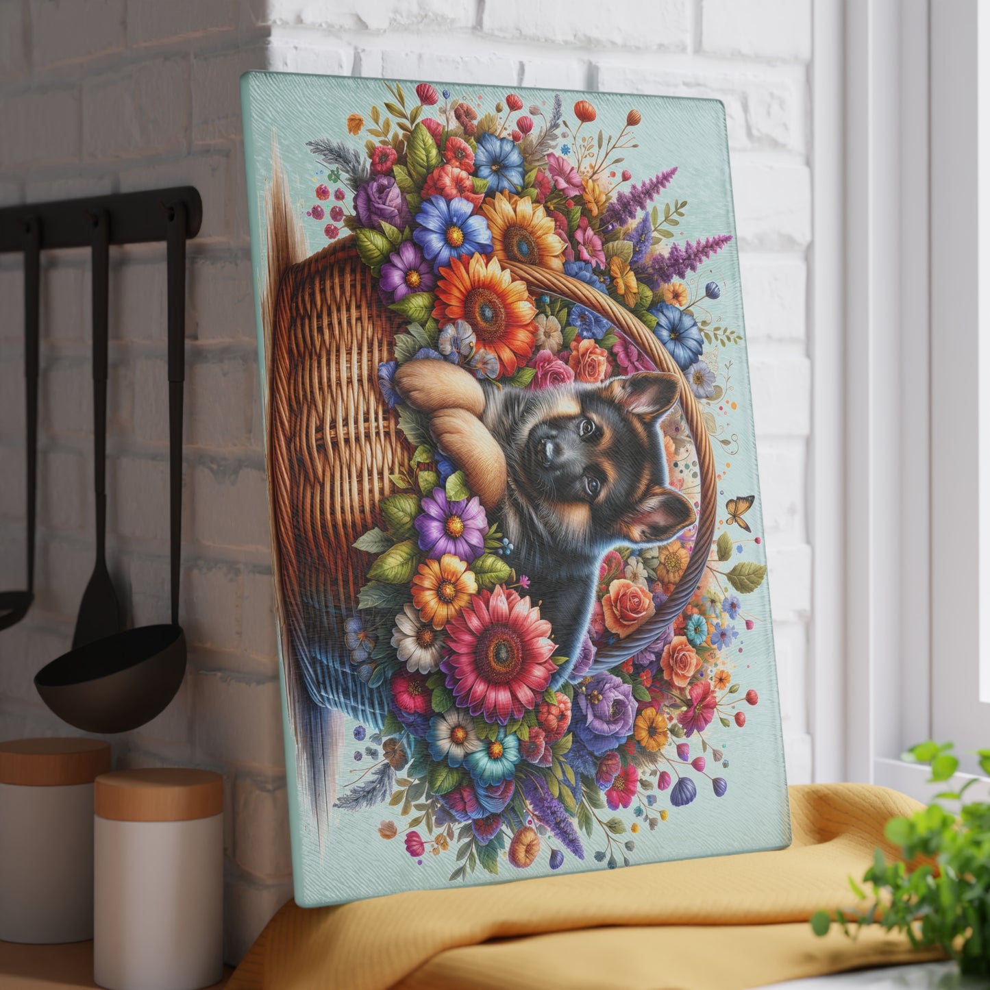 🐾🌼 German Shepherd in Bloom Cutting Board – Rustic Elegance for Your Kitchen 🌸