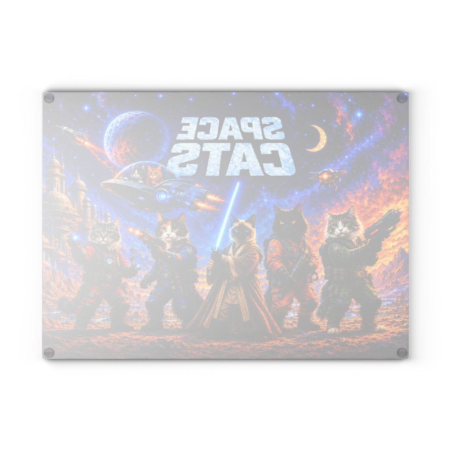 Space Cats Glass Cutting Board – Colorful Cosmic Cat Adventure Artwork