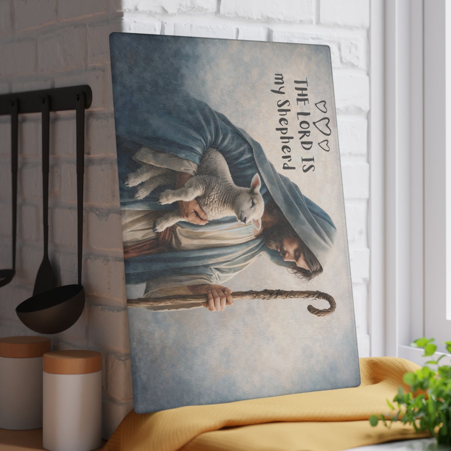 The Lord Is My Shepherd Glass Cutting Board – Faith-Inspired Lamb & Shepherd Artwork