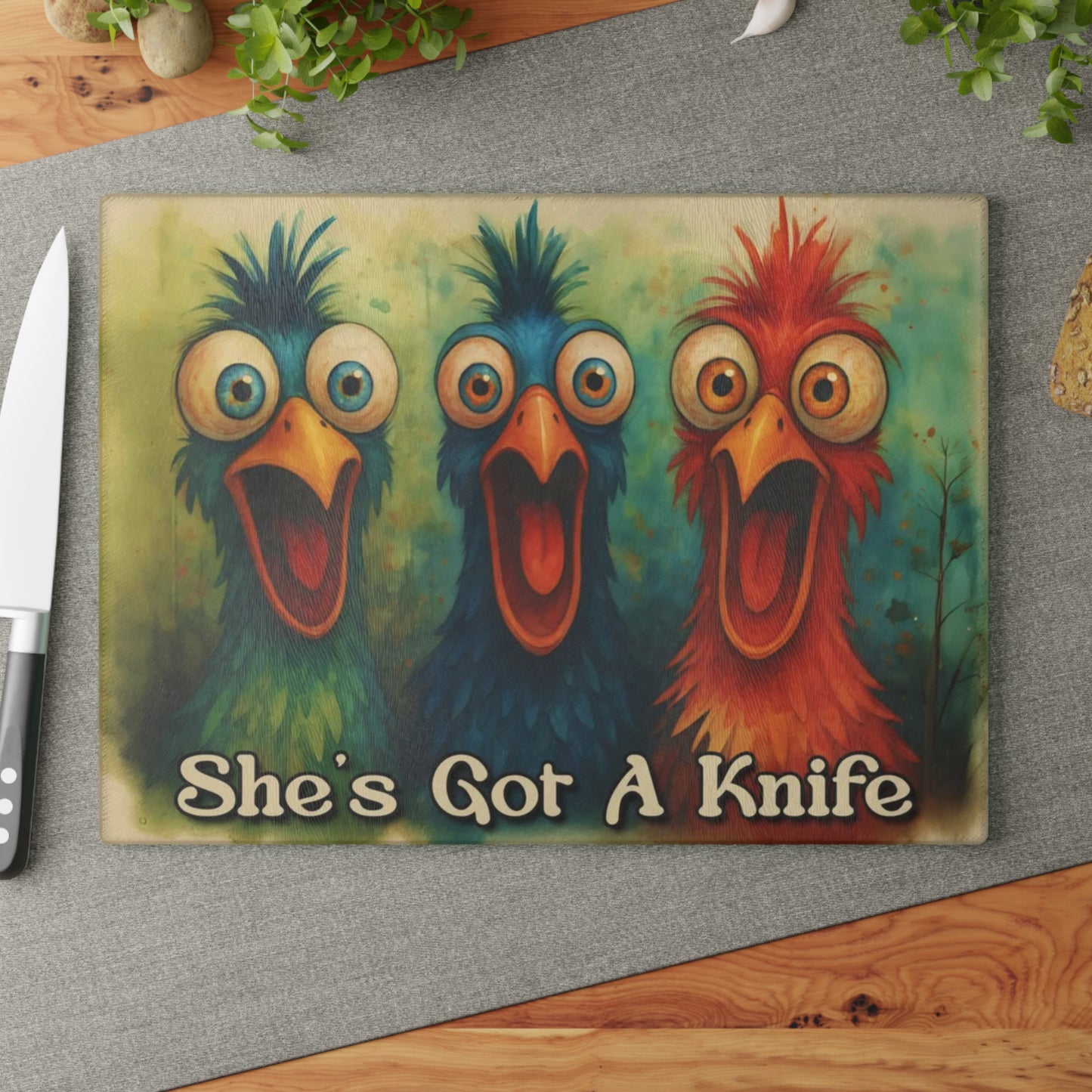 🐔✨ “Cozy Kitchen Birds” Glass Cutting Board – Warm Charm for Everyday Cooking