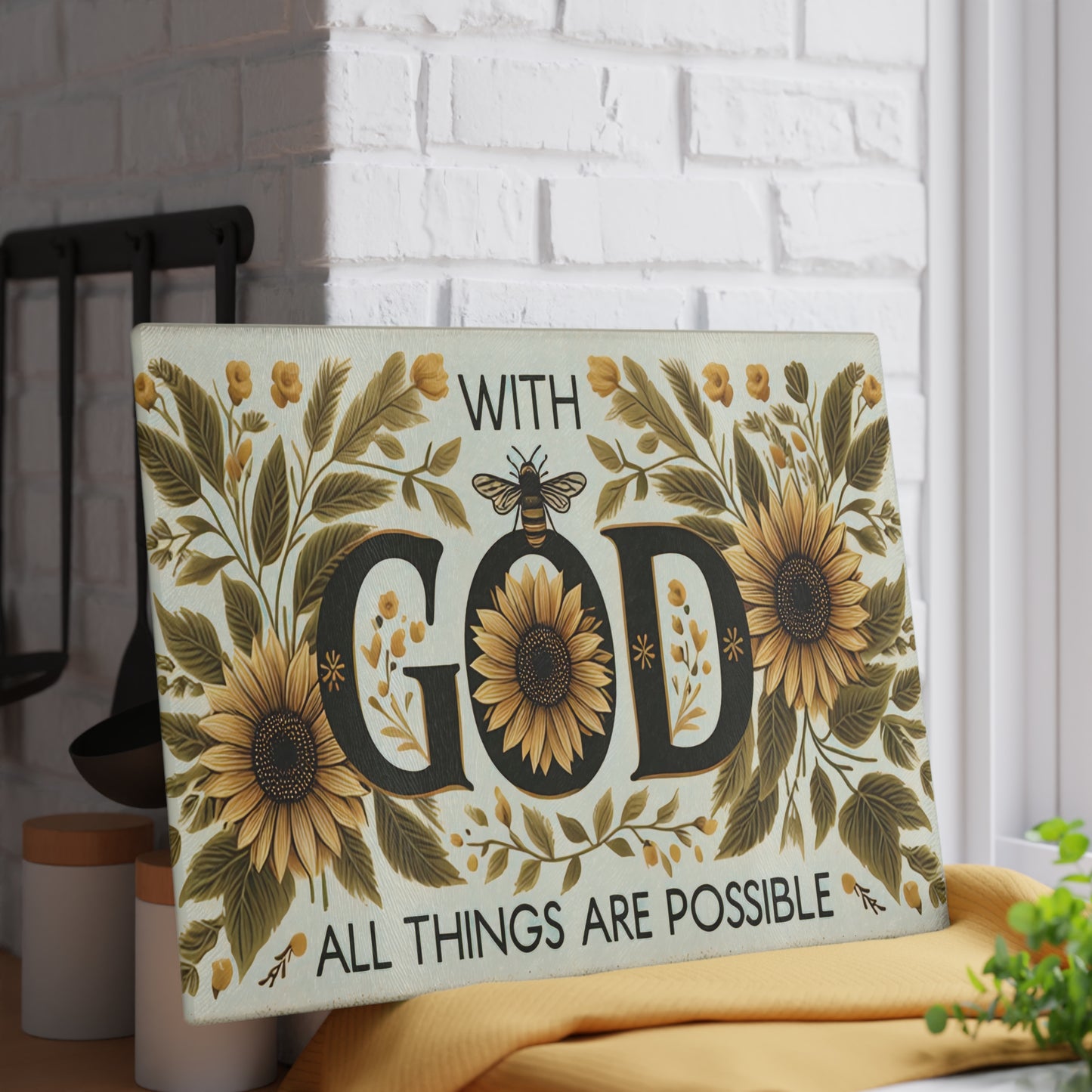 🌻🐝 With God All Things Are Possible Sunflower Cutting Board – Faithful Elegance for Your Kitchen 🐝🌻
