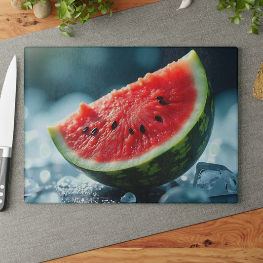 Tabla de cortar de vidrio con rodajas de sandía sobre hielo: una refrescante decoración de cocina de verano, un vibrante regalo con temática frutal.